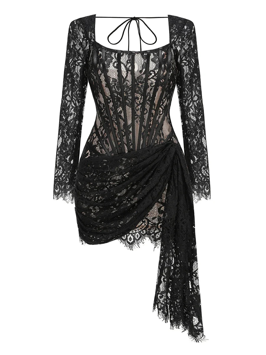 Sexy Long Sleeve Lace Corset Draped Mini Dress Women Black Square Collar Backless Ruched Bodycon Celebrity Party Runway Dress