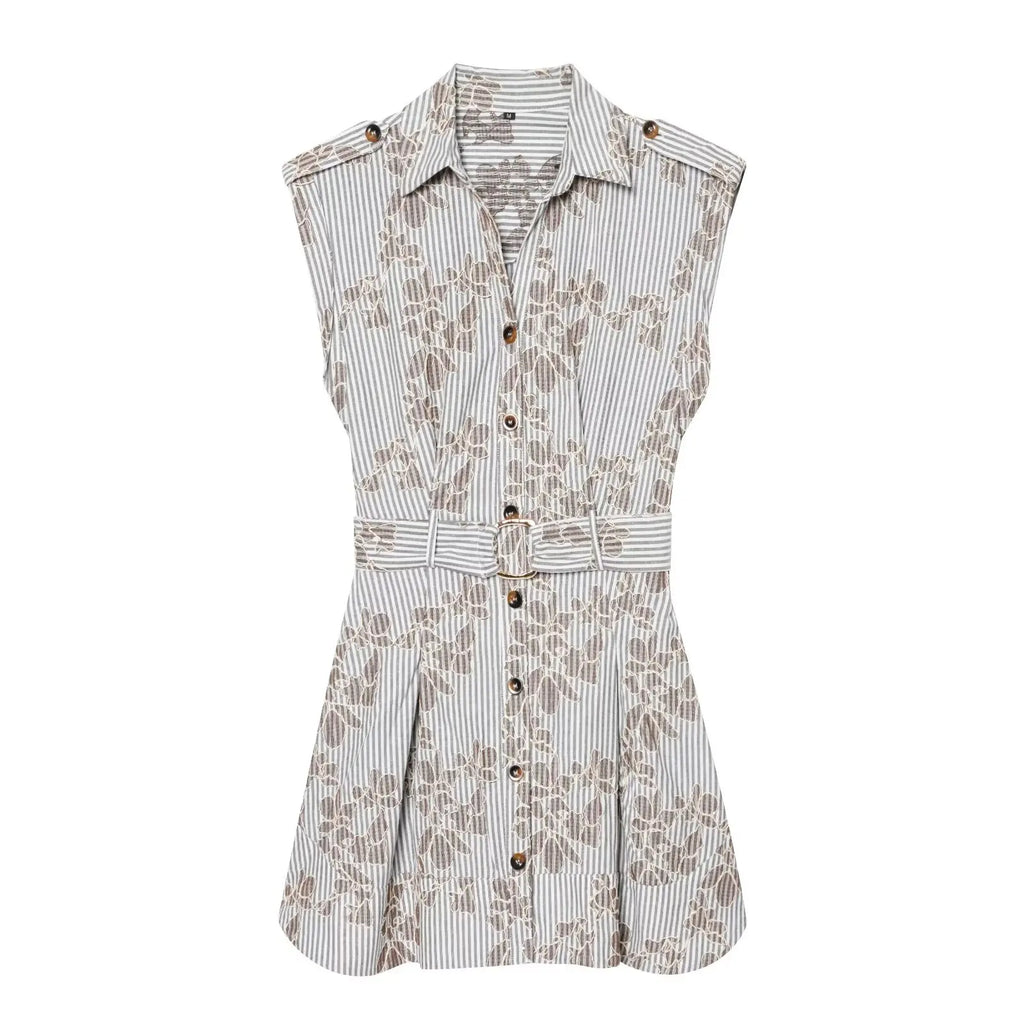 YENKYE 2026 Women Embroidery Striped Short Dress Sleeveless Front Button With Belt Shirt Dresses Office Casual Summer Vestidos