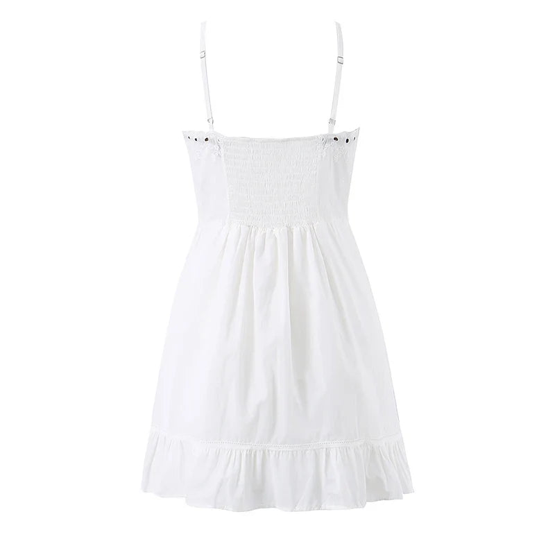YENKYE Sexy Sling Floral Embroidery White Mini Dress For Pretty Girl High Waist A-line Cotton Sundress Beach Holiday Summer Robe