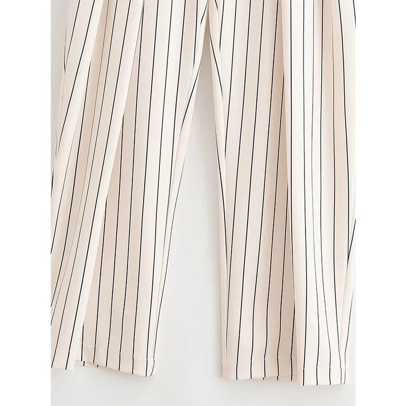 YENKYE 2026 Women Vertical Striped Wide Leg Pants Drawstring Waist Pleated Trousers Casual Loose Fit Pants