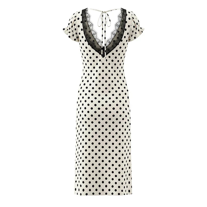 YENKYE New 2026 Women Lace Trim Polka Dot Dress Short Sleeve V Neck A-line Summer Sexy Backless Dresses