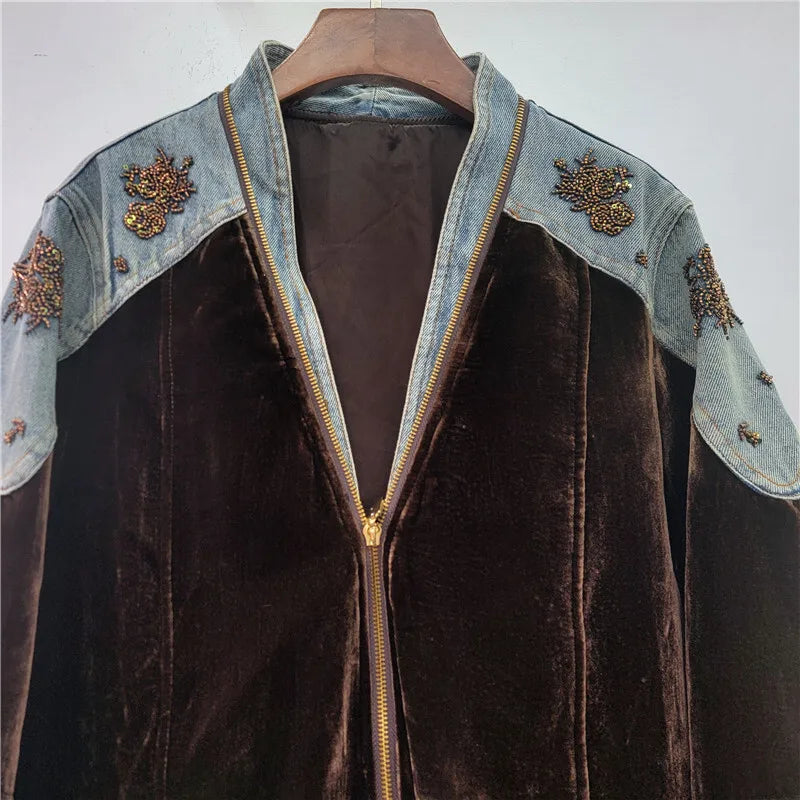 DEAT Women's Coat Patchwork Zipper Denim Velvet Beading Long Sleeve Loose Vintage Jackets 2026 Autumn New Fashion 29A3480