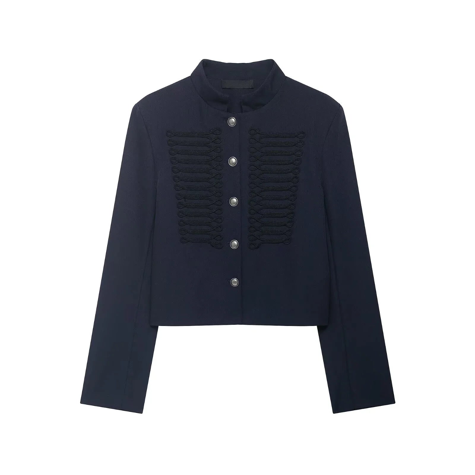 YENKYE 2026 New Women's Navy Blue Single Breasted Crop Jacket Long Sleeve Vintage Casual Coat For Daily Office