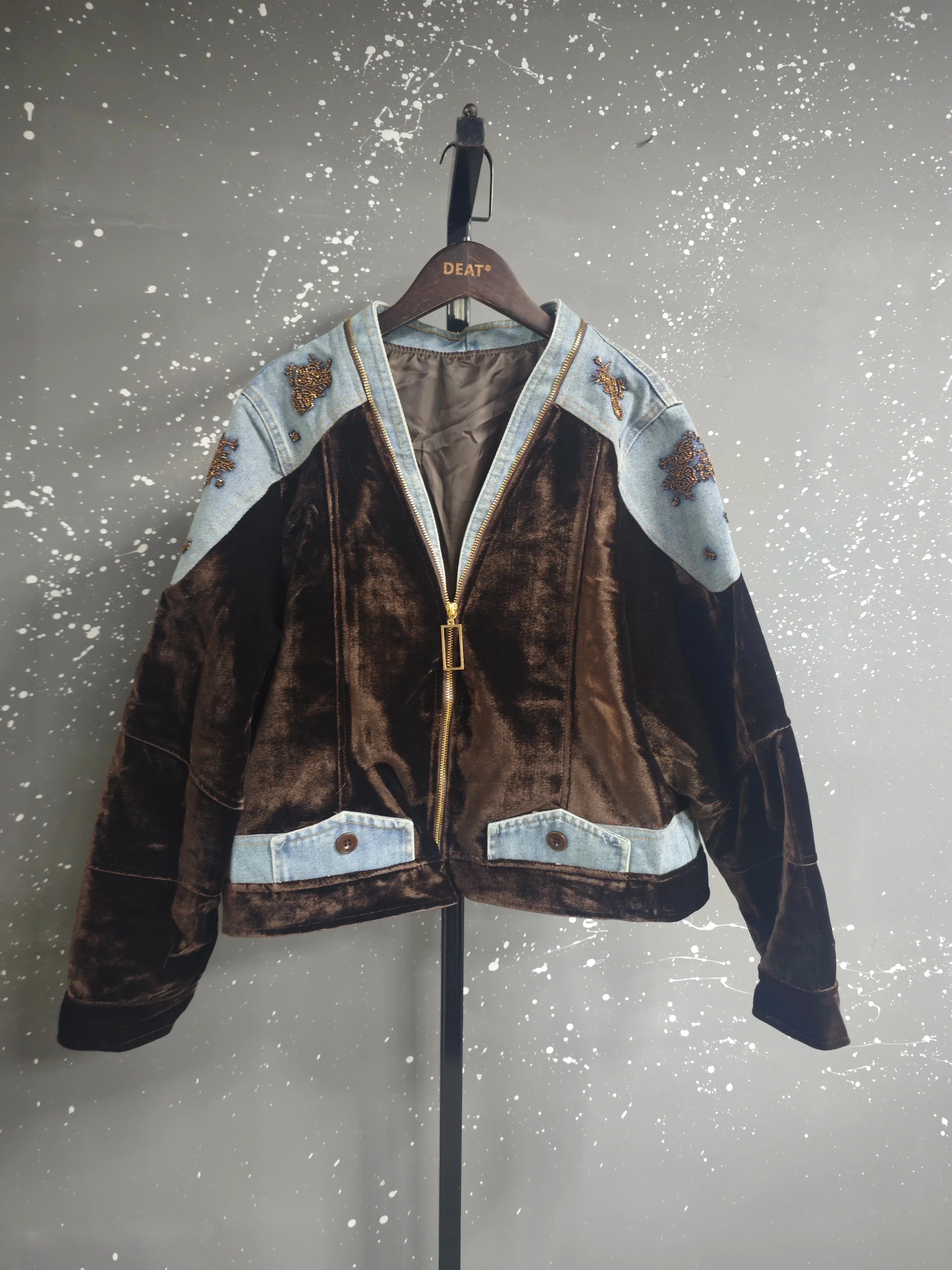 DEAT Women's Coat Patchwork Zipper Denim Velvet Beading Long Sleeve Loose Vintage Jackets 2026 Autumn New Fashion 29A3480
