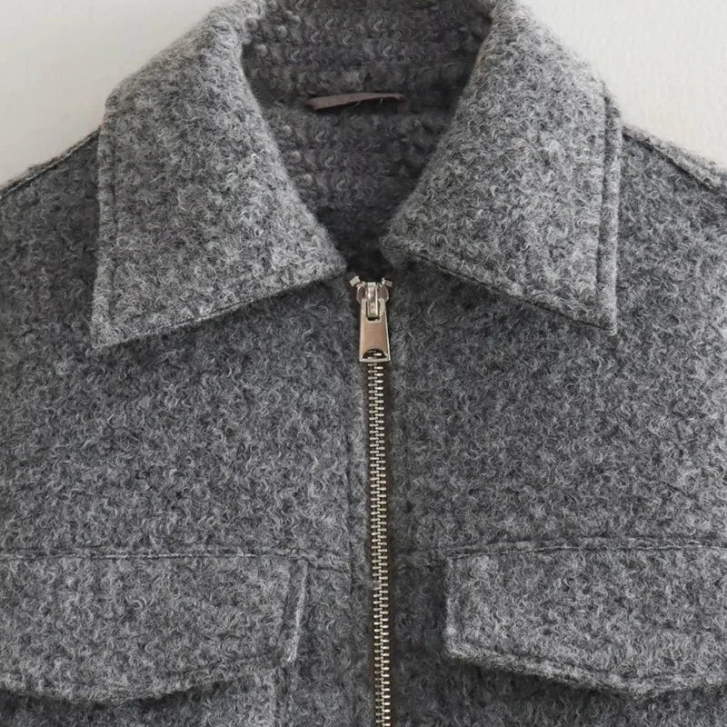 2024 Women's Elegant Solid Coat Zipper Long Sleeve Pocket Bomber Jacket Female Casual Soft Woolen Loose Streetwear Coats