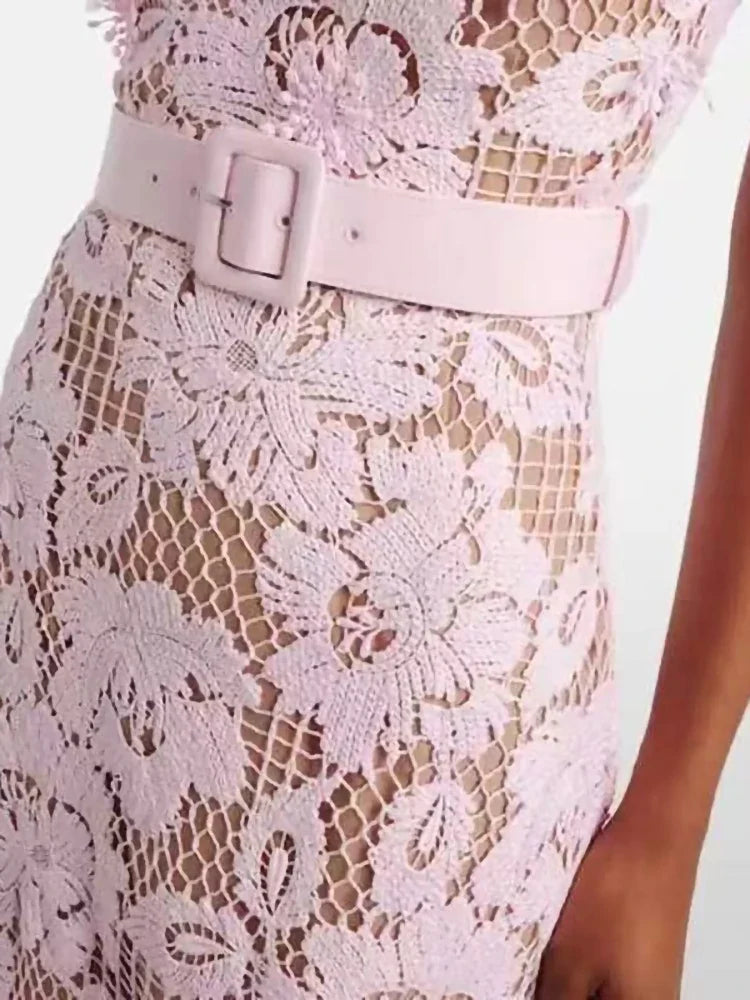 Spring Summer New Fashion Pink Water-soluble Lace Slip Dress Women Temperament slim Sleeveless Robe With Belt Ladies 2026