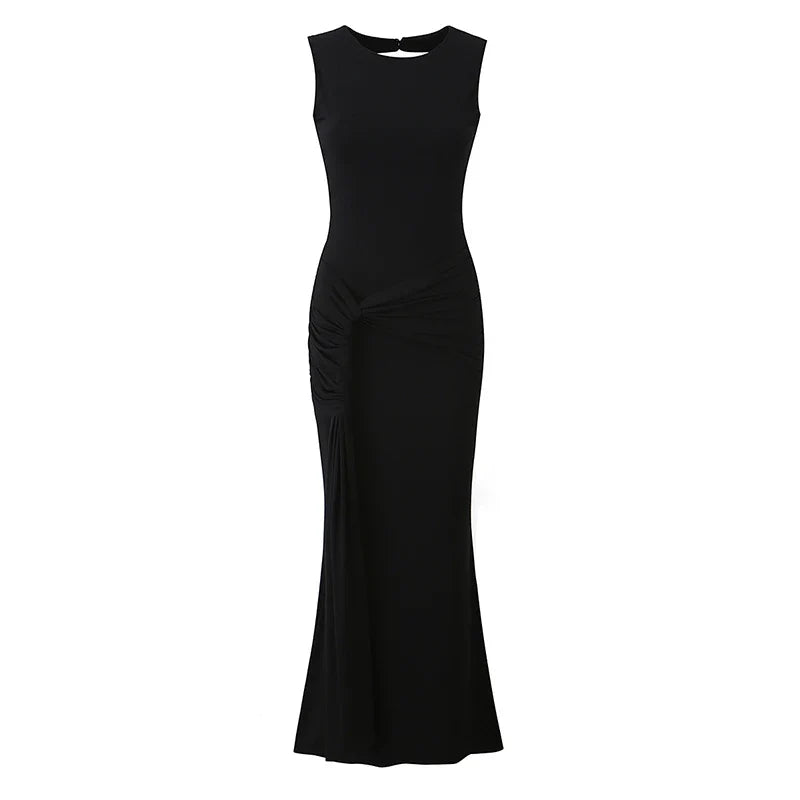 YENKYE Sexy Women's Burgundy Sleeveless Ruched Bodycon Maxi Dress Twist Waist Mermaid Formal Evening Gown for Wedding Party