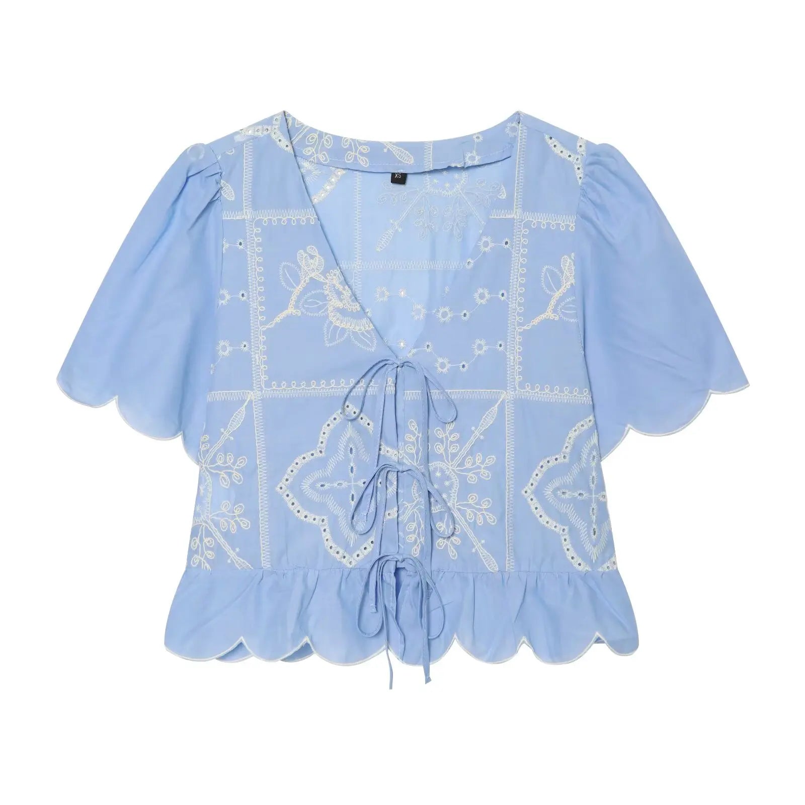 YENKYE 2026 Women Blue Hollow Out Embroidered Crop Shirt V-Neck Tie Front Short Sleeve Blouse Casual Summer Boho Tops
