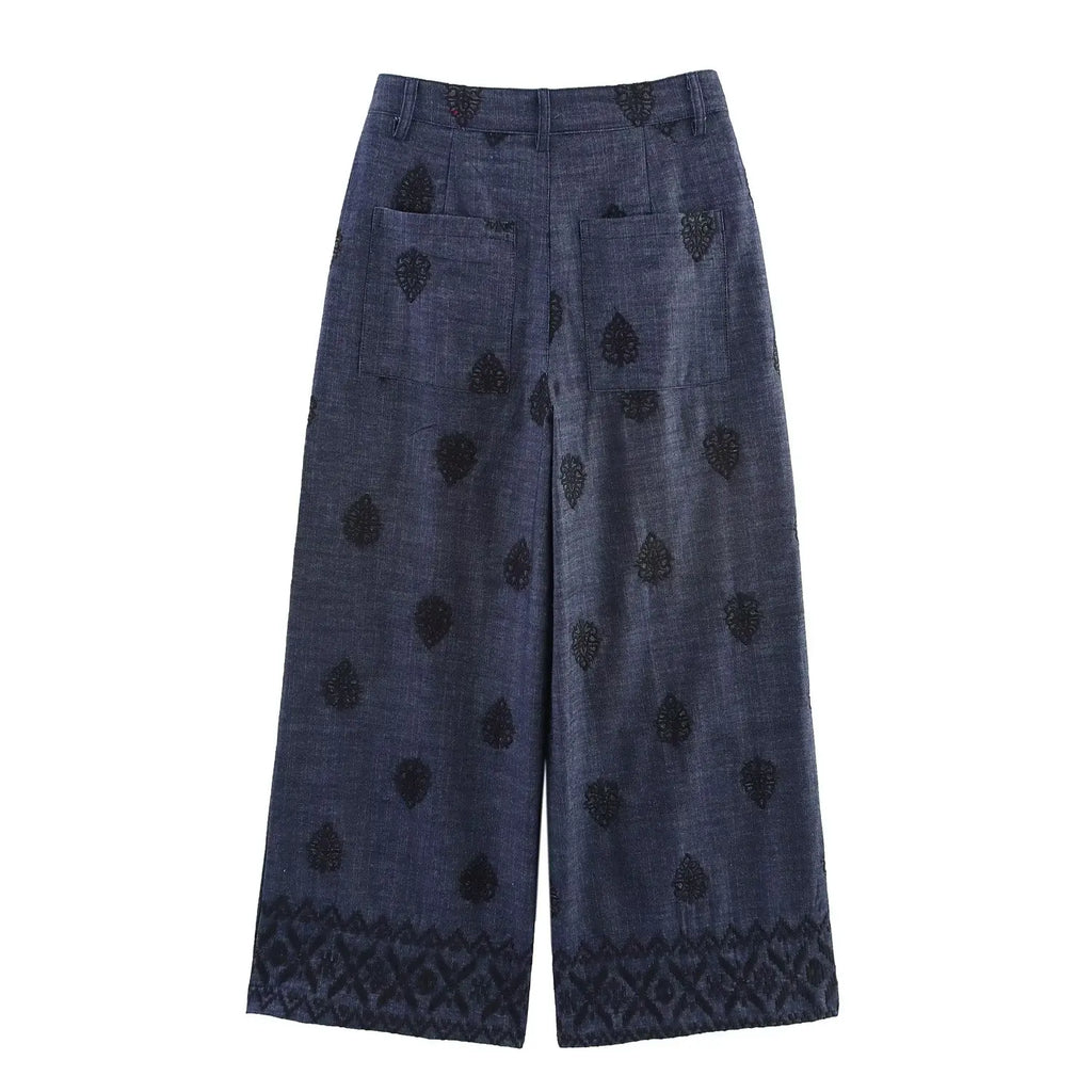 YENKYE New 2025 Women High Waist Embroidery Wide Leg Pants Patch Pockets Vintage Casual Female Trousers pantalones de mujer