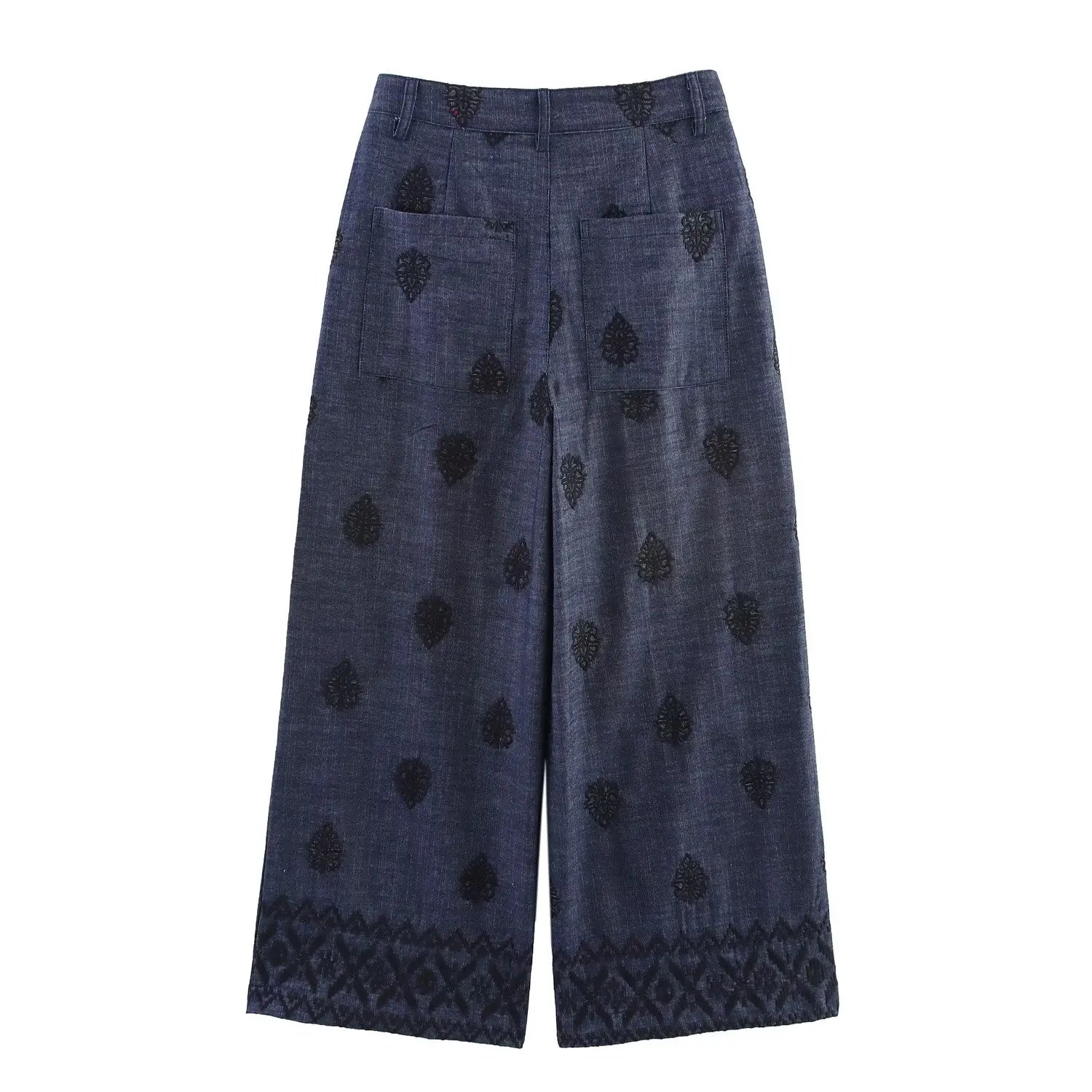 YENKYE New 2025 Women High Waist Embroidery Wide Leg Pants Patch Pockets Vintage Casual Female Trousers pantalones de mujer