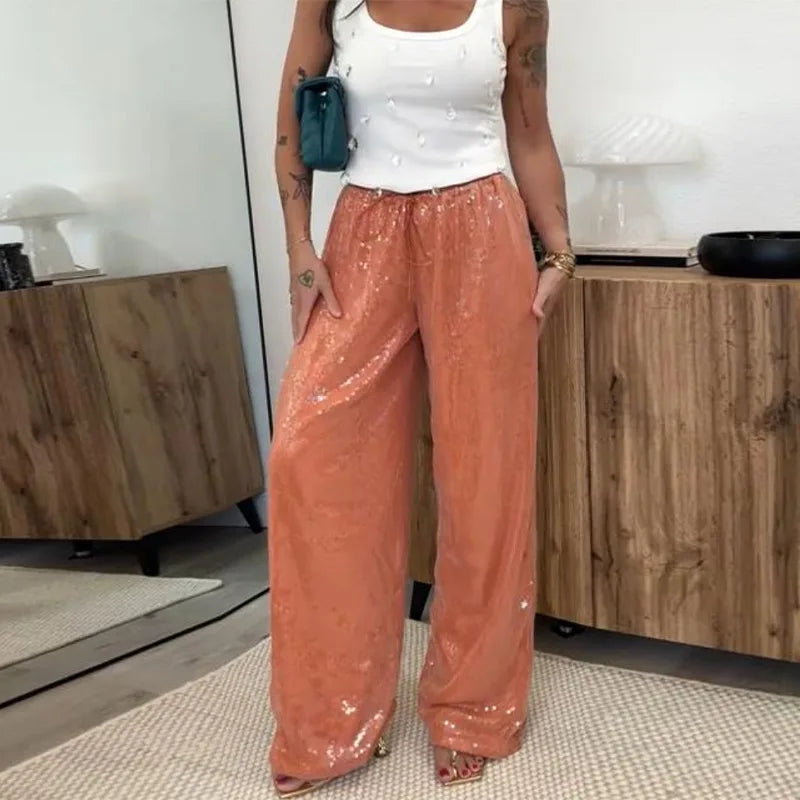 Elegant Sequined Women's Trouser Mid-Waist Lace Up Straight Mop Pants 2026 Summer Autumn Fashion Female All-Match Bottom