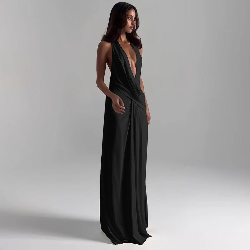 Cryptographic Elegant Halter Draped Ruched Maxi Dress for Women Party Club Outfits Sexy Backless Deep V Neck Split Dresses Gown