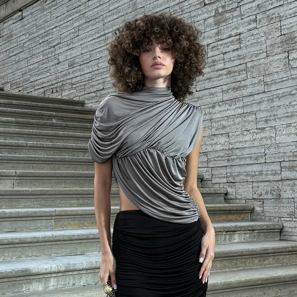 Cryptographic Fashion Ruched Asymmetrical Tops for Women Outfits Sexy Solid Sleeveless Chic Tops T-shirts Slim Summer Clothes