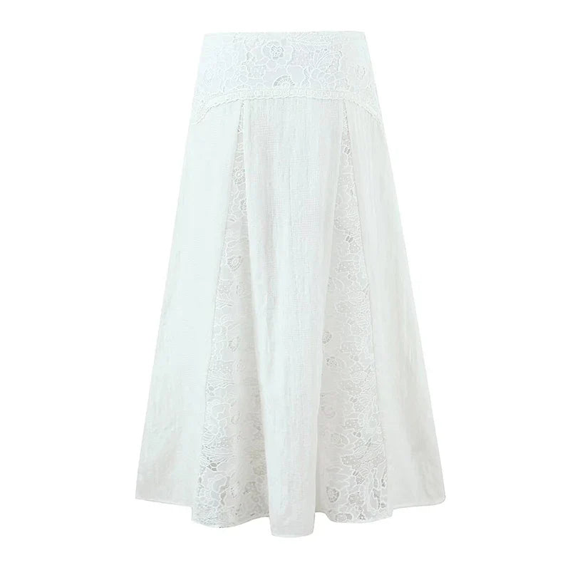YENKYE New 2026 Lace Patchwork White Long Skirt Women High Waist A-line Holiday Summer Skirts