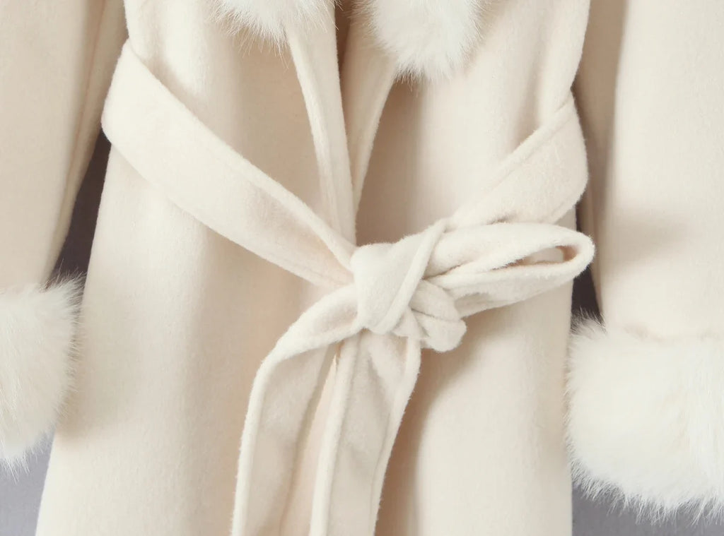 New Autumn Winter Black Shaggy Faux Fur Lapel Collar Woolen Coat Women Bow Sashes Long Sleeve No Button Midi Trench Outerwear