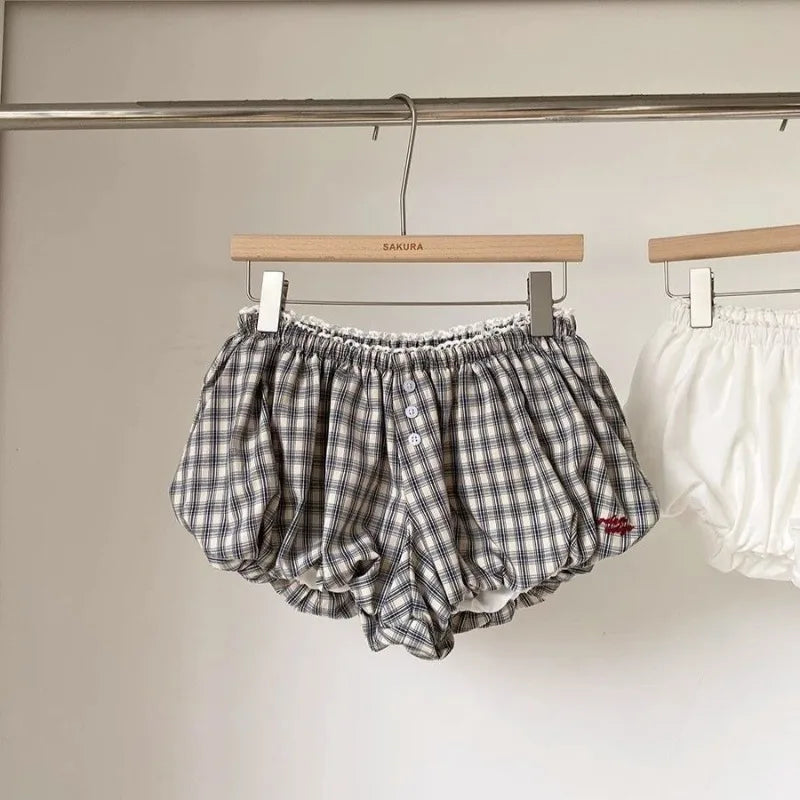 Womens Plaid Bubble Shorts Elastic Waist Bloomer Shorts Casual Short Pants Summer Streetwear