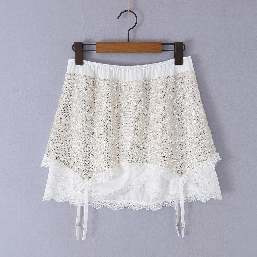2026 Summer Women White Spliced Silver Sequins Mini Skirt Package Hips 2 Layers Rope Hem Short Skirts Femme Bottom
