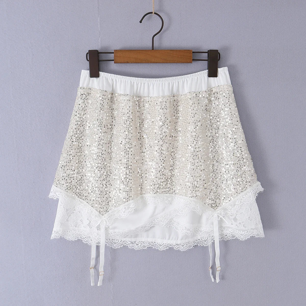 2026 Summer Women White Spliced Silver Sequins Mini Skirt Package Hips 2 Layers Rope Hem Short Skirts Femme Bottom