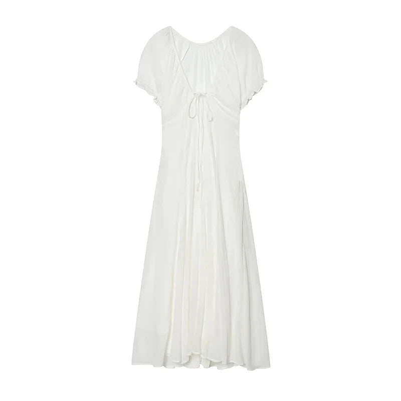 YENKYE 2026 New Women's Brown V Neck Short Sleeve Dress High Waist A Line Elegant Casual Summer Dresses Holiday Vestidos