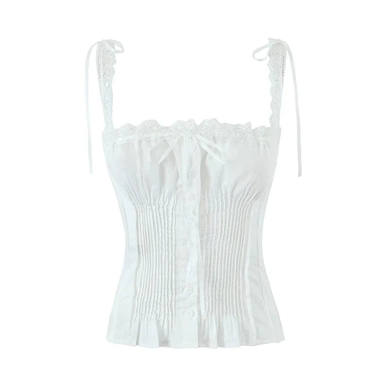 YENKYE New 2025 Women Front Button Lace Spliced Summer Tank Top Sexy Slim Fit Cotton Holiday Crop Top Chic Party Streetwear
