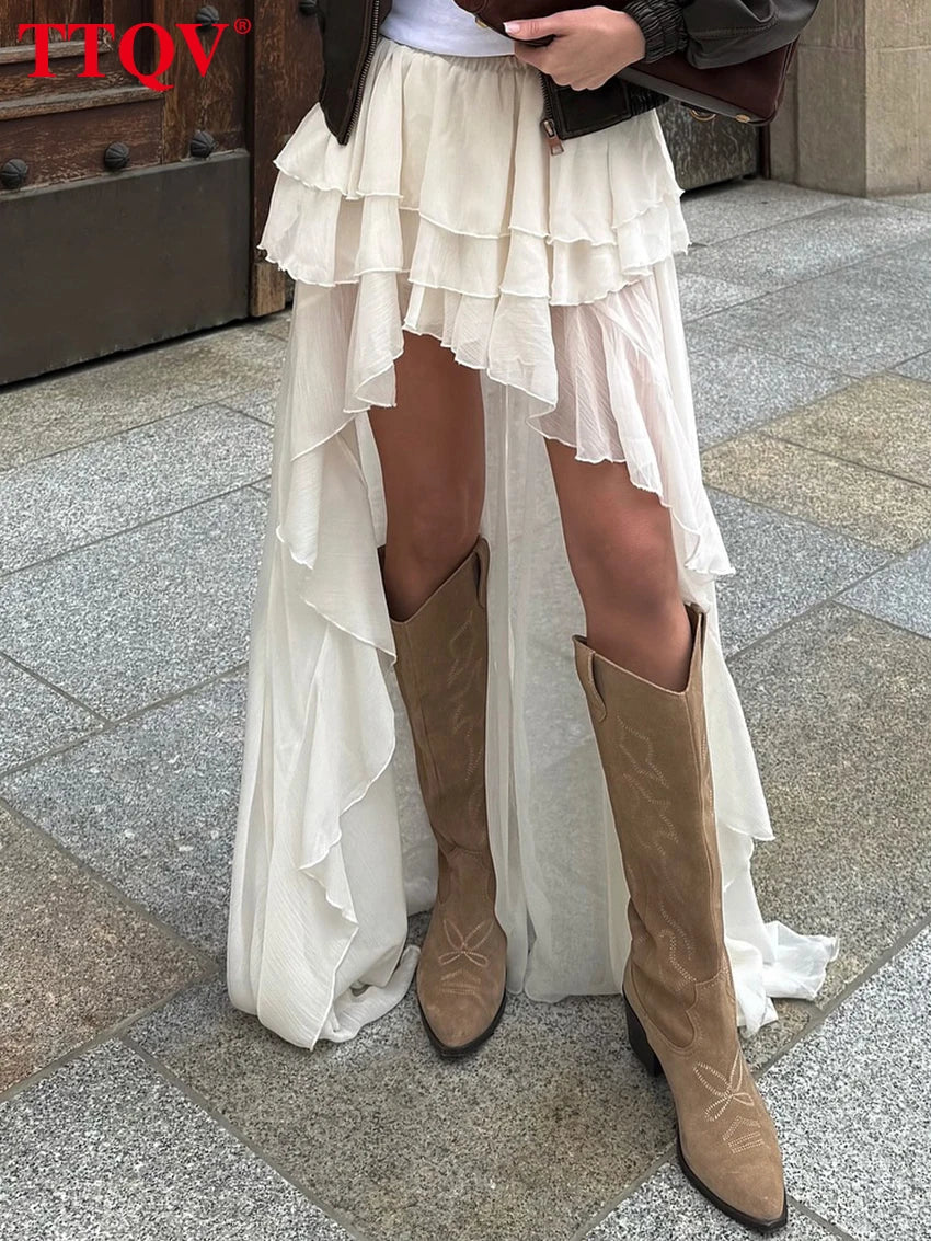 TTQV Casual Apricot Loose Skirts For Women Fashion High Waisted Pleated Skirts Elegant Thin Floor-Length Skirt Female Clothing