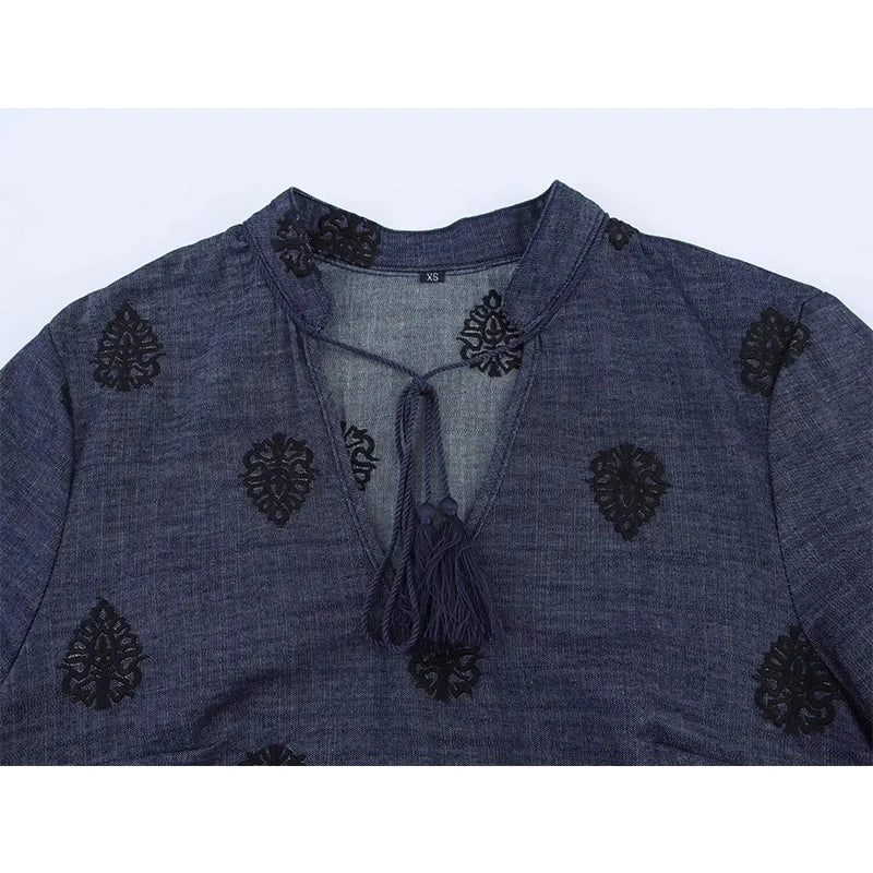 YENKYE Vintage Women Long Sleeve V Neck Embroidered  Blouse Spring Summer 2025 Streetwear Tops Blusas Mujer