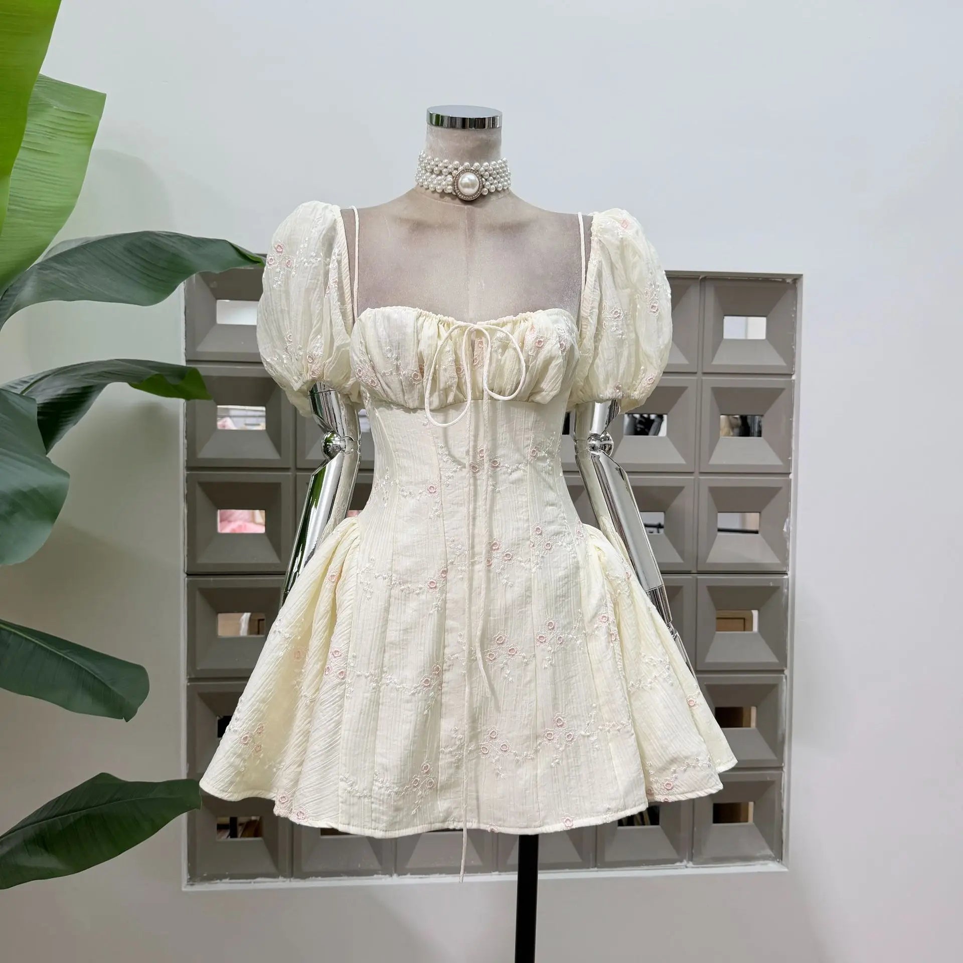 Summer Puff Sleeve Square Neck Corset Mini Dress Floral Embroidery A Line Sexy Party Homecoming Cocktail Women Casual Dresses