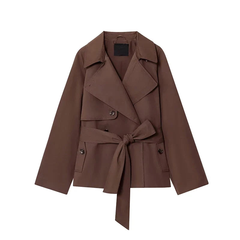YENKYE 2025 Women's Short Windbreaker Long Sleeve Lapel Collar With Belt Elegant Trench Coat Autumn Winter New Outerwear