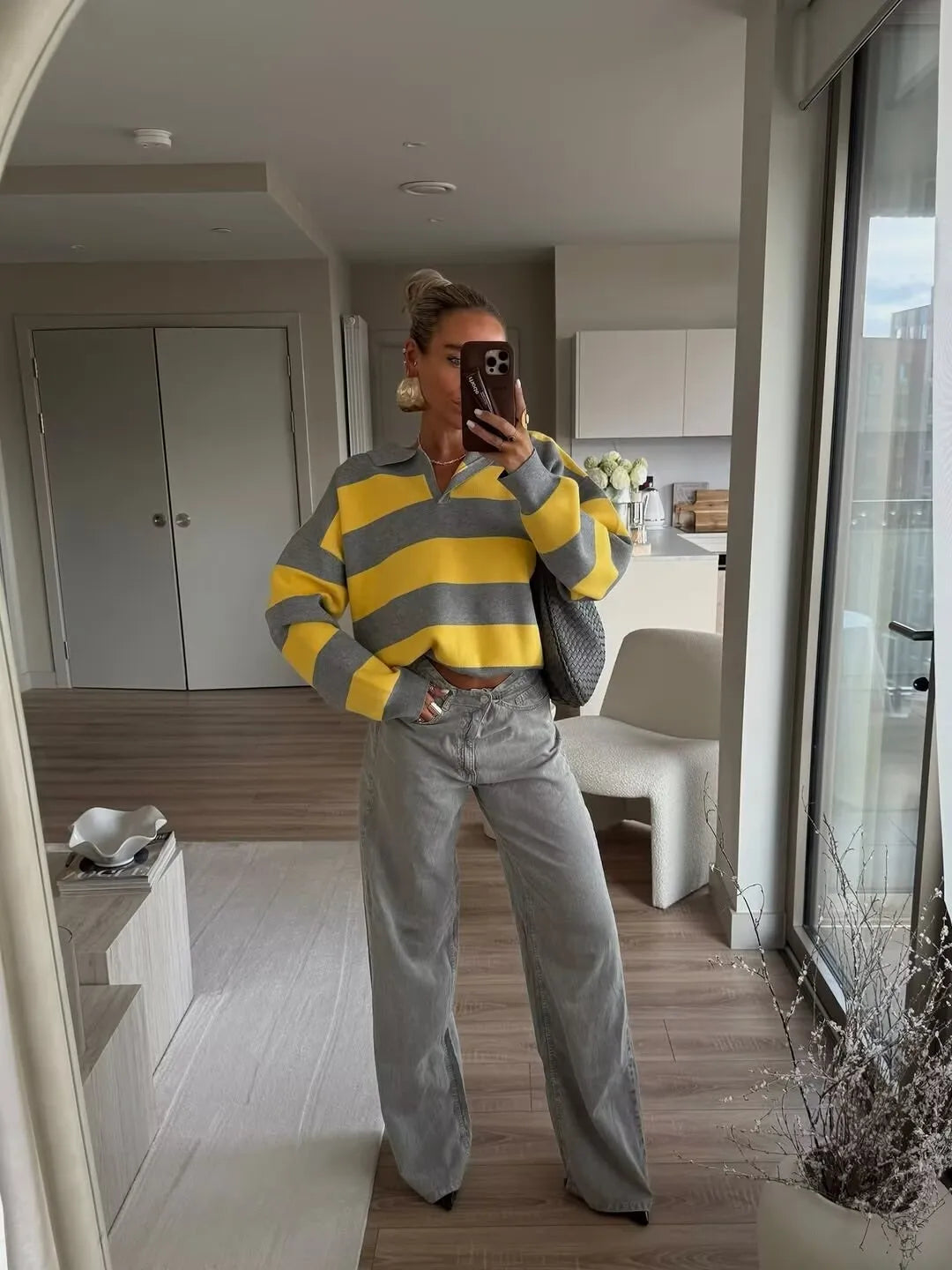 YENKYE 2025 Women Striped Knit Polo Neck Sweater Long Sleeve Casual Loose Autumn Pullover Tops