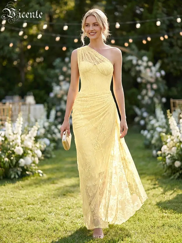 VC 2026 Yellow One Shoulder Corset Lace Maxi Dress For Women Side Ruched High Slit Wedding Guest Bridesmaid Formal Dress
