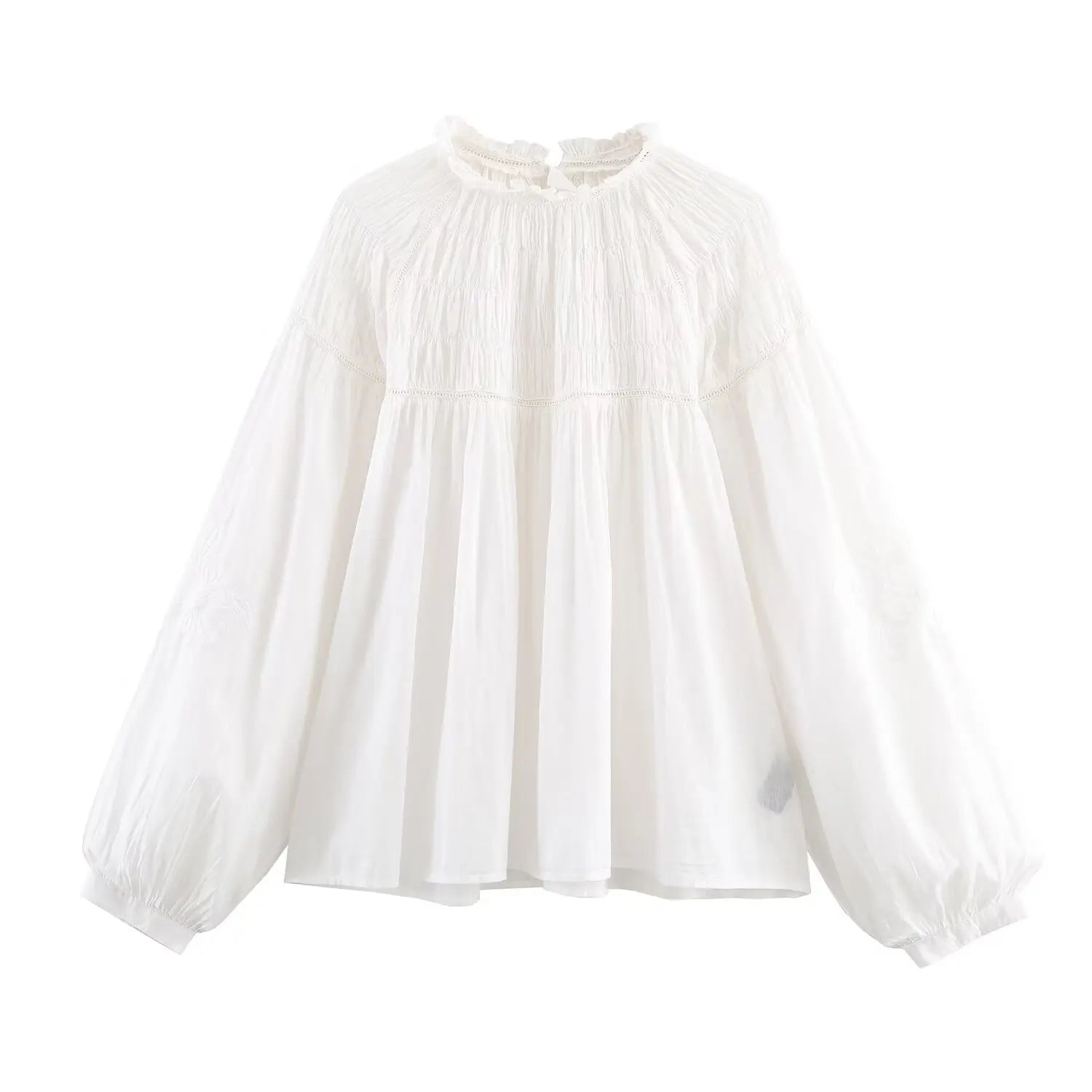 YENKYE Romantic Honeycomb Smocked White Blouse Women Lantern Sleeve Round Neck Casual Spring 2026 Tops