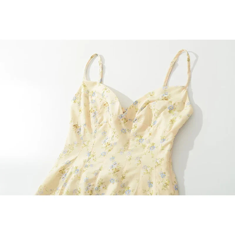 YENKYE Women Yellow Floral Sling Midi Dress Sexy V Neck A-Line Casual Summer Sundress Vacation Party Dresses Lace Up Robe