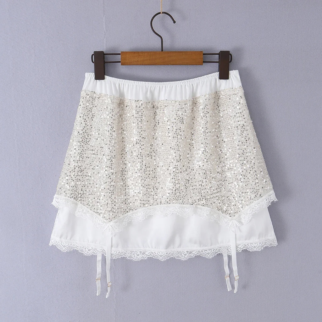 2026 Summer Women White Spliced Silver Sequins Mini Skirt Package Hips 2 Layers Rope Hem Short Skirts Femme Bottom