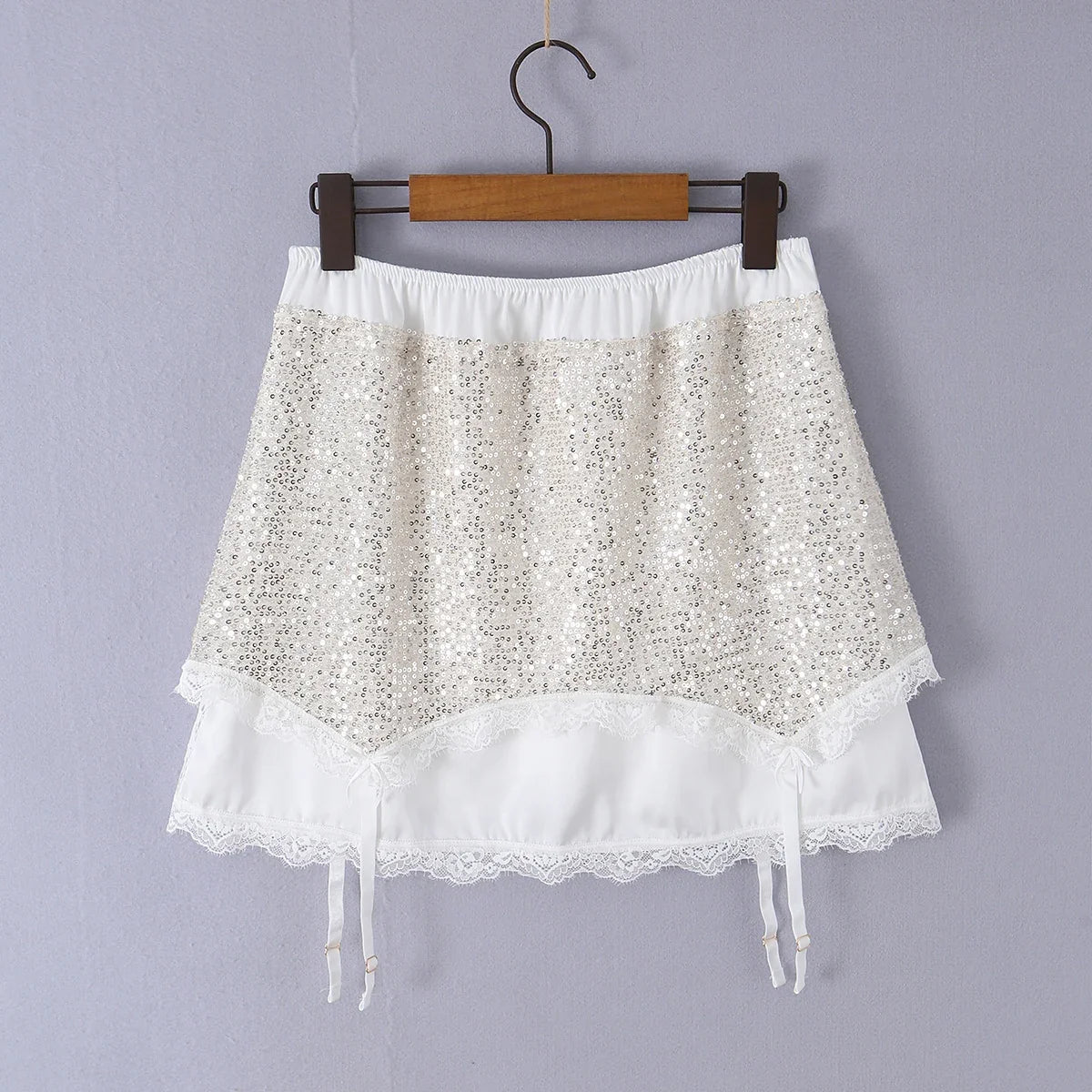 2026 Summer Women White Spliced Silver Sequins Mini Skirt Package Hips 2 Layers Rope Hem Short Skirts Femme Bottom