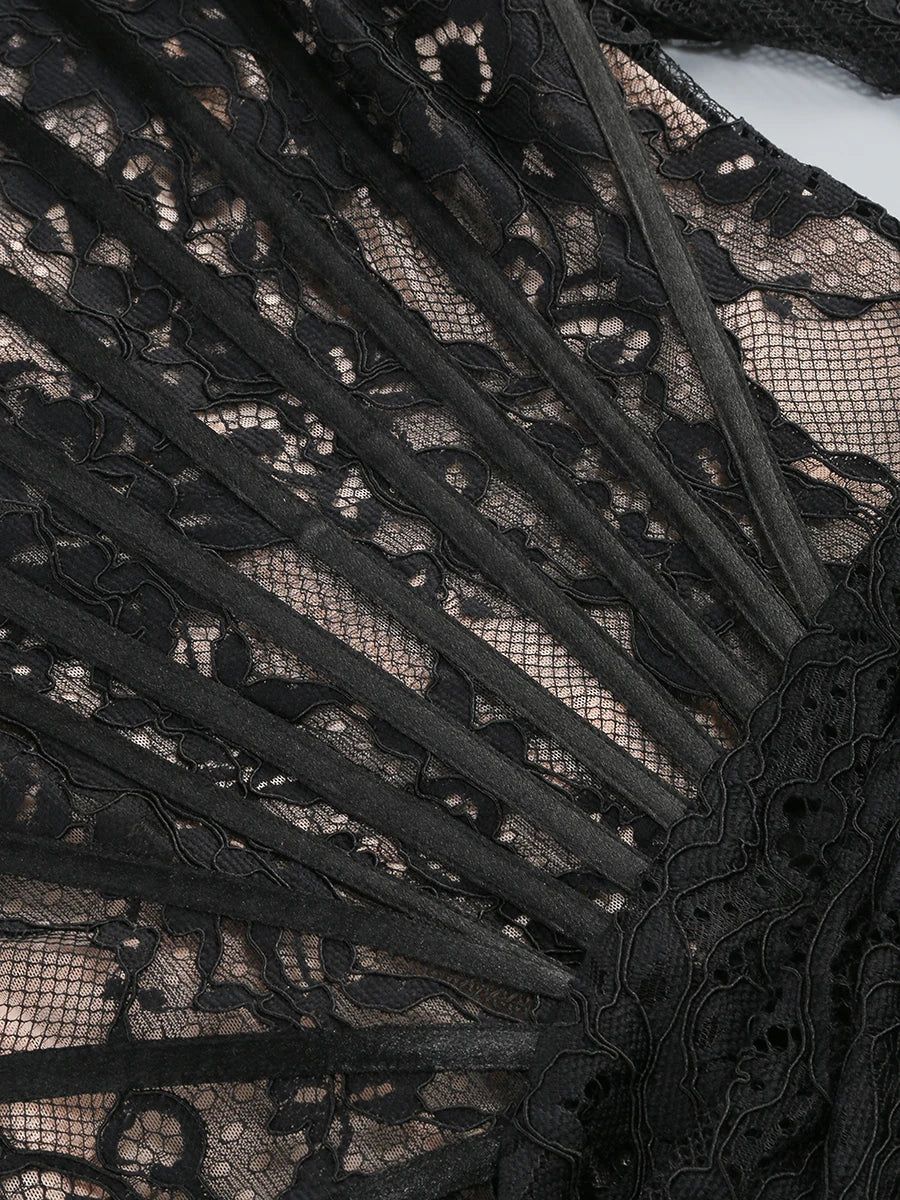 Sexy Long Sleeve Lace Corset Draped Mini Dress Women Black Square Collar Backless Ruched Bodycon Celebrity Party Runway Dress