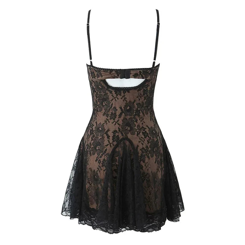 YENKYE New Fashion Women Spaghetti Straps Lace Sexy Dresses Black Beige Backless Hollow Out A-line Mini Dress Night Out Robe