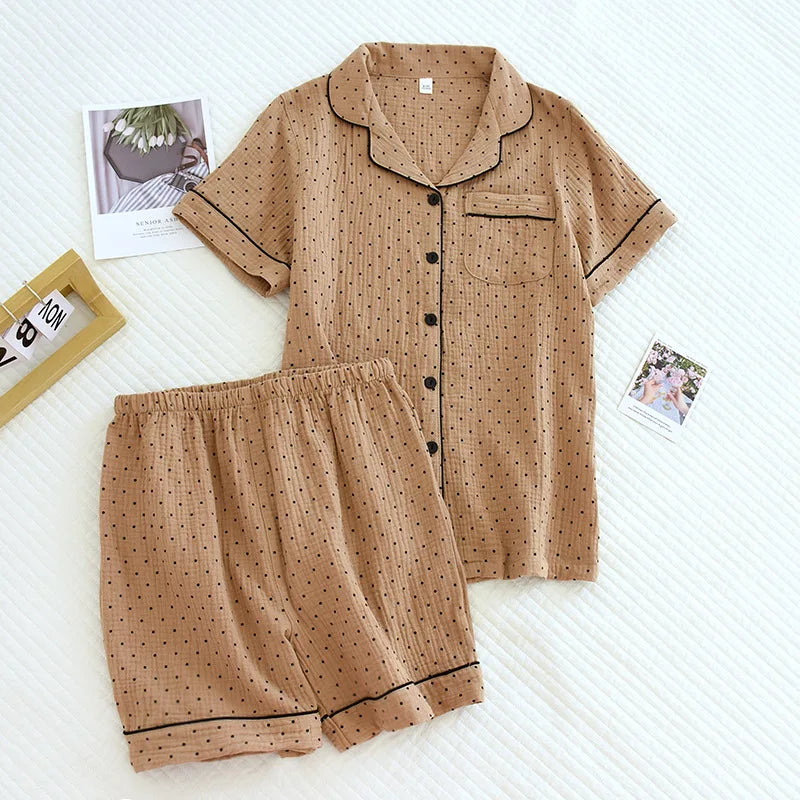 100% Cotton Gauze Women Pajamas Polka Dot Print Sleepwear 2025 Spring Female 2 Piece Set Nightwear Lady Pyjamas Loungewear
