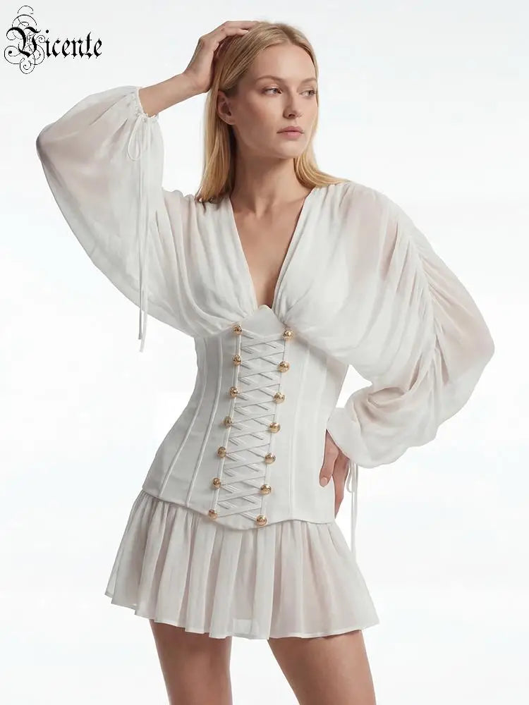 VC Elegant White Corset Mini Dress for Women V-Neck Chiffon Long Sleeve Lace-Up Waist Slim Fit Ruffle Hem Women's Casual Dresses