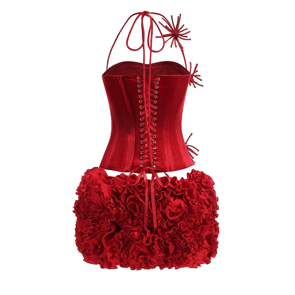 VC Structured Flowers Skirt Two Piece Set Halter Floral Black Red Corset Top With Mini Skirt Lace-up Suit Celebrity Party Wear