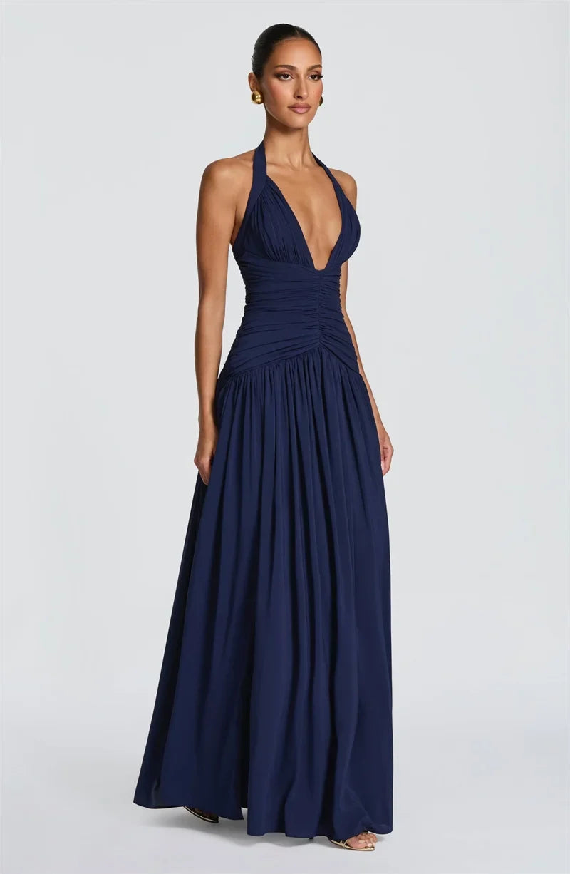 Mozision Halter Deep V Neck Sexy Maxi Dress Women Elegant Off-shoulder Sleeveless High Split Pleated Club Party Long Dress