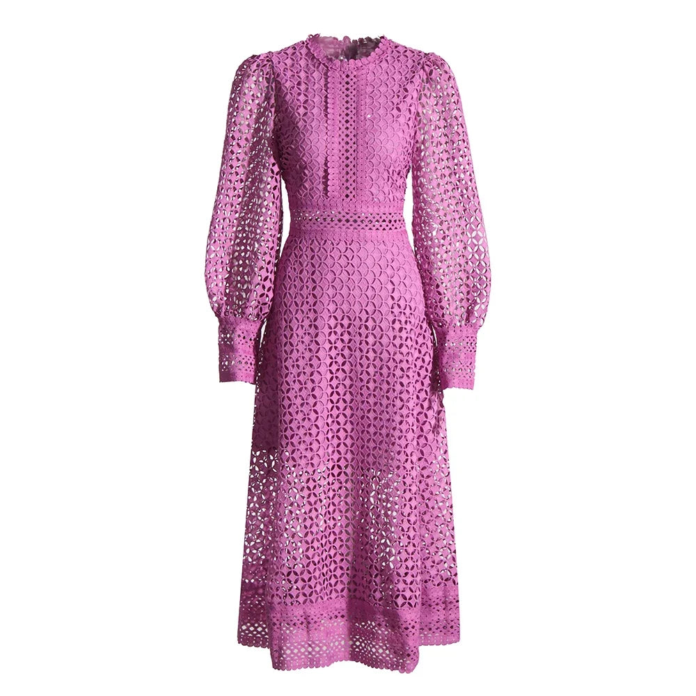 TWOTWINSTYLE Embroidery Cut Out Midi Dress For Women Round Neck Long Sleeve High Waist Solid Minimalist Dresses Female Clothing
