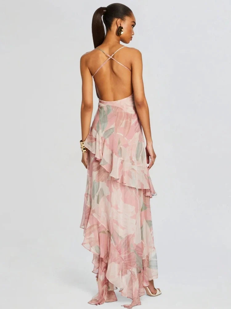 Summer Sexy Spaghetti Strap Printed Ruffles Long Dress Women Pink Sleeveless Backless Flower Dresses Holiday Party Sundress