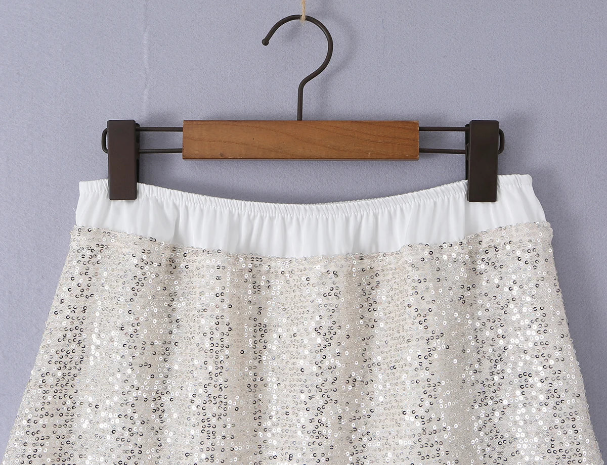 2026 Summer Women White Spliced Silver Sequins Mini Skirt Package Hips 2 Layers Rope Hem Short Skirts Femme Bottom