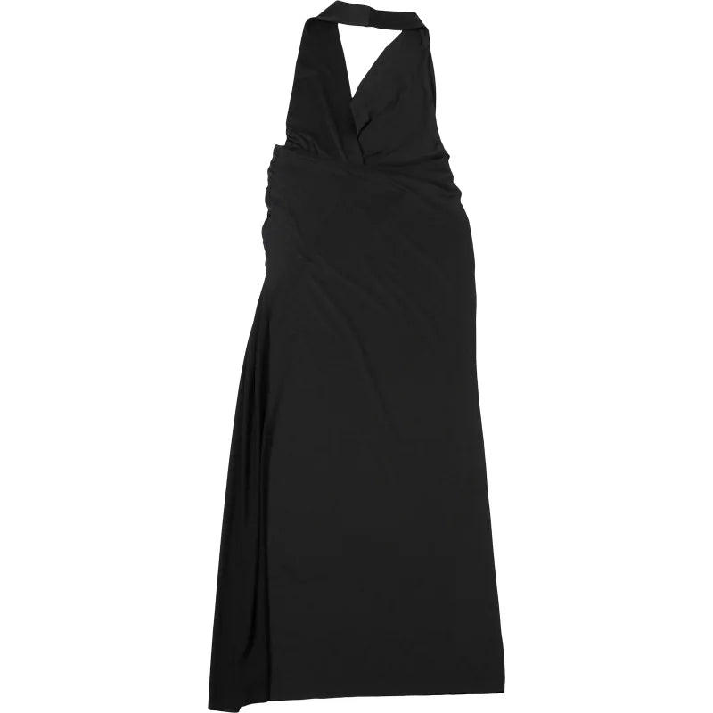 Cryptographic Elegant Halter Draped Ruched Maxi Dress for Women Party Club Outfits Sexy Backless Deep V Neck Split Dresses Gown