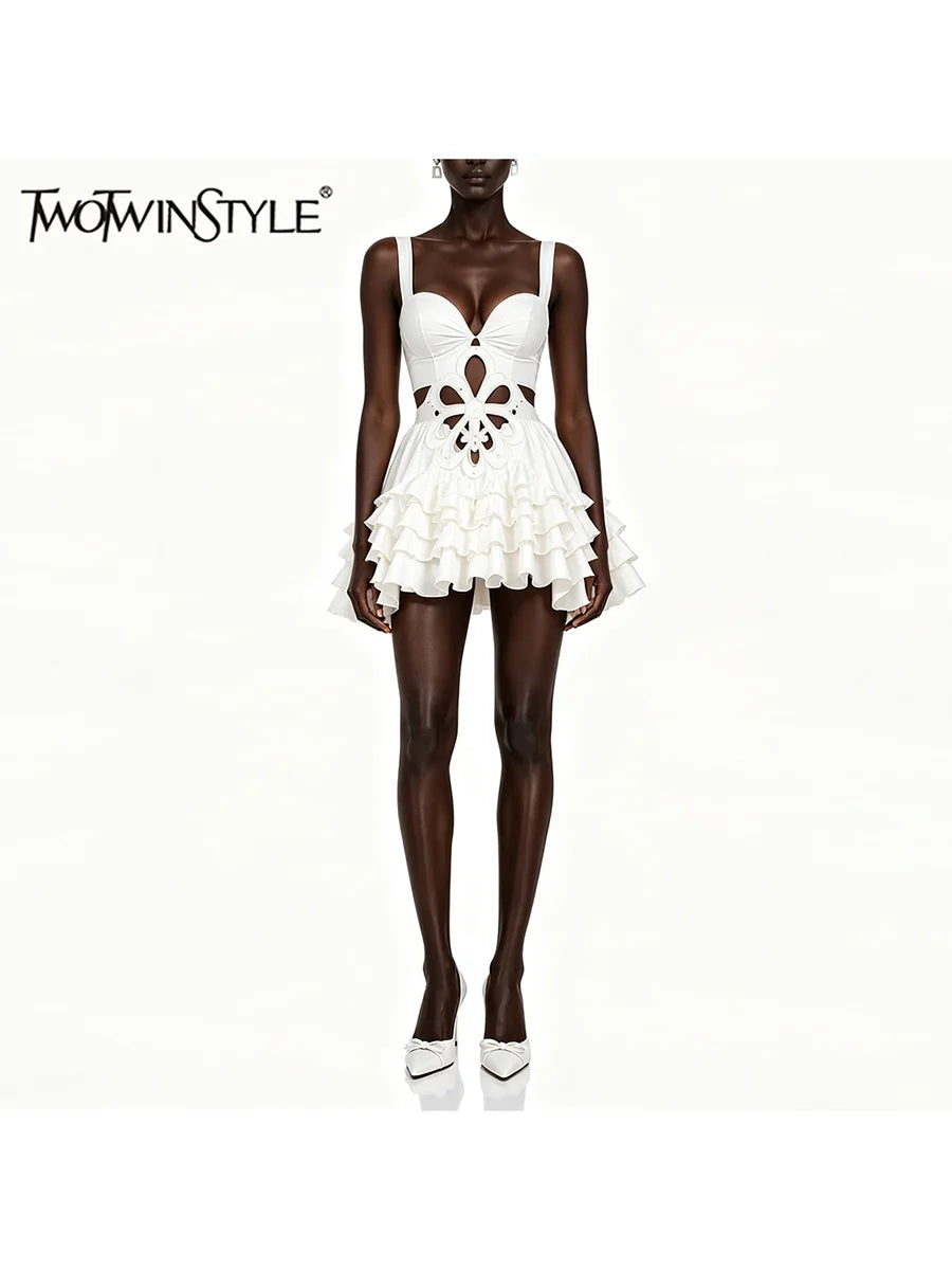 TWOTWINSTYLE Solid Spliced Cutout Ruffle Slimming Mini Dress for Women Square Neck Sleeveless Patchwork Zipper Dresses Female
