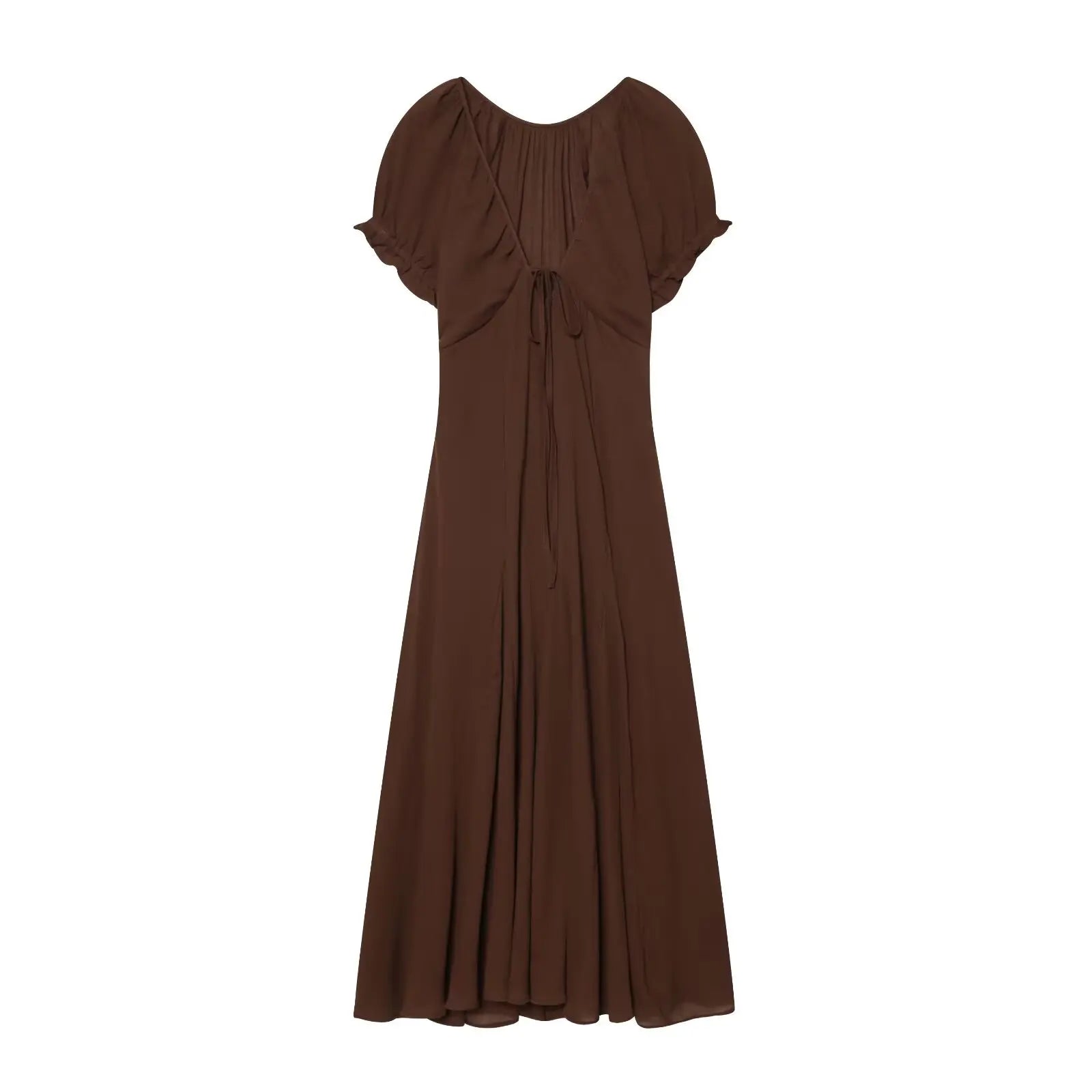 YENKYE 2026 New Women's Brown V Neck Short Sleeve Dress High Waist A Line Elegant Casual Summer Dresses Holiday Vestidos