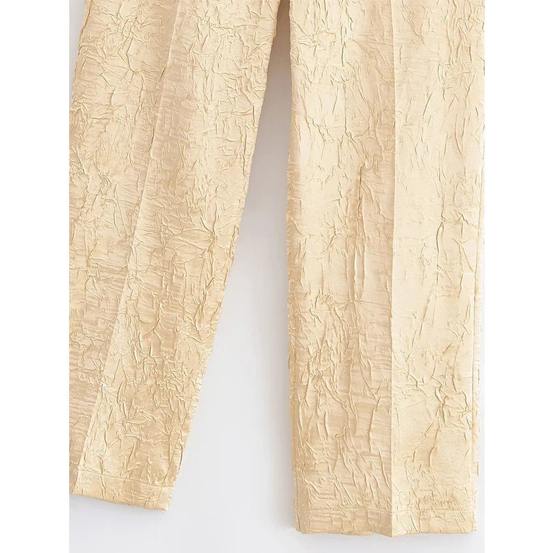 YENKYE New 2025 Women Mid-rise Wrinkled Satin Pants Female Fashion Straight Trousers pantalones de mujer