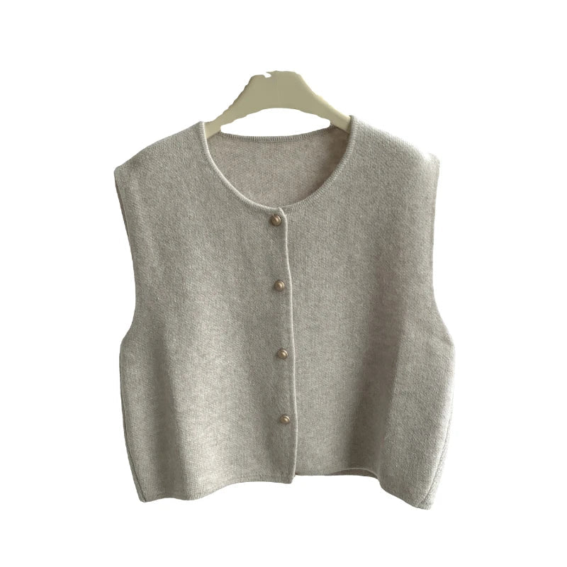 Single Breasted Small Gold Button Round Neck Slimming Knit Vest For Women Korean Loose Fitting Shoulder Top