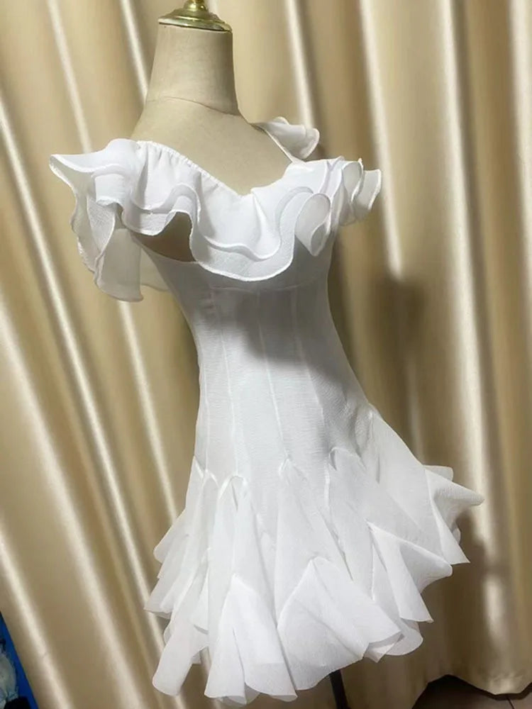 IEQJ Fashion Women Dress Sleeveless Slash Neck Solid Color Lotus Leaf Edge Design Female Party Dresses New Tide 3QW1205