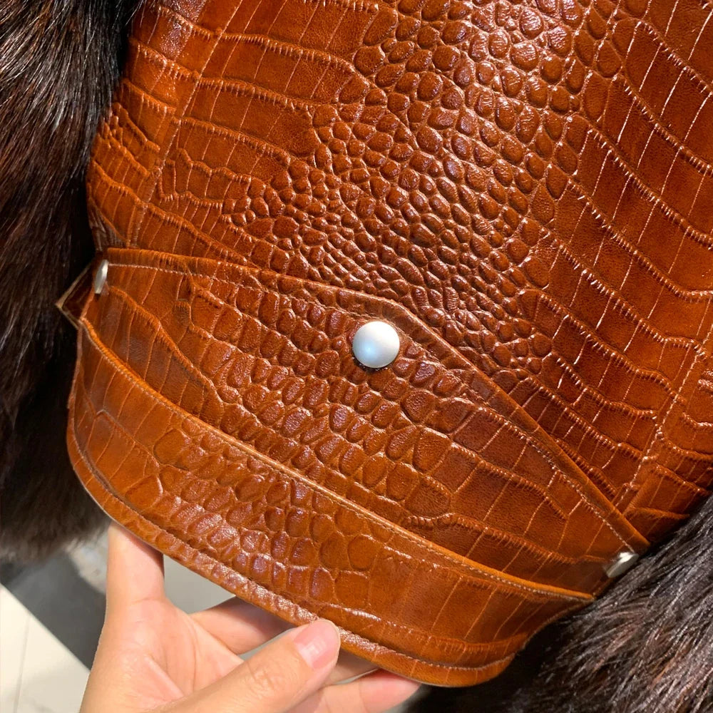 Women Leather Jacket Fur Sleeve Lady Jackets Leather Fur Fox Sleeve Ladies Biker Jacket Leather with Real Fur Sleeve 952-36